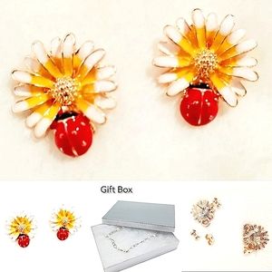 Gold plated yellow Daisy red ladybug earrings with silver post